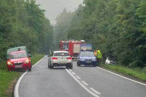 Pojazd w rowie. Na drodze wozy strażackie i radiowóz