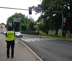 Zdjęcie policjanta w obrębie przejścia dla pieszych przy szkole