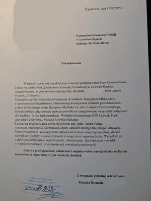 Podziękowania dla funkcjonariuszy Komendy Powiatowej Policji w Lwówku Śląskim oraz Komisariatu Policji w Gryfowie Śląskim.