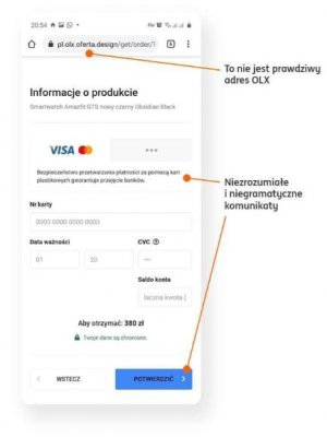Zdjęcie przedstawia zrzut ekranu telefonu na którym widnieją informacje dotyczące zapłaty poprzez portal olx z błędnym adresem strony