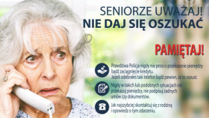 Zdjęcie przedstawia seniorkę rozmawiającą przez telefon oraz porady, które zostały wymienione w artykule